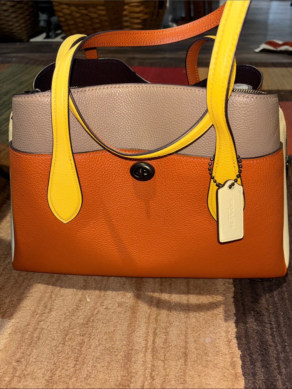 Coach Leather Colorblock Tote Bag in Orange, Yellow & Taupe